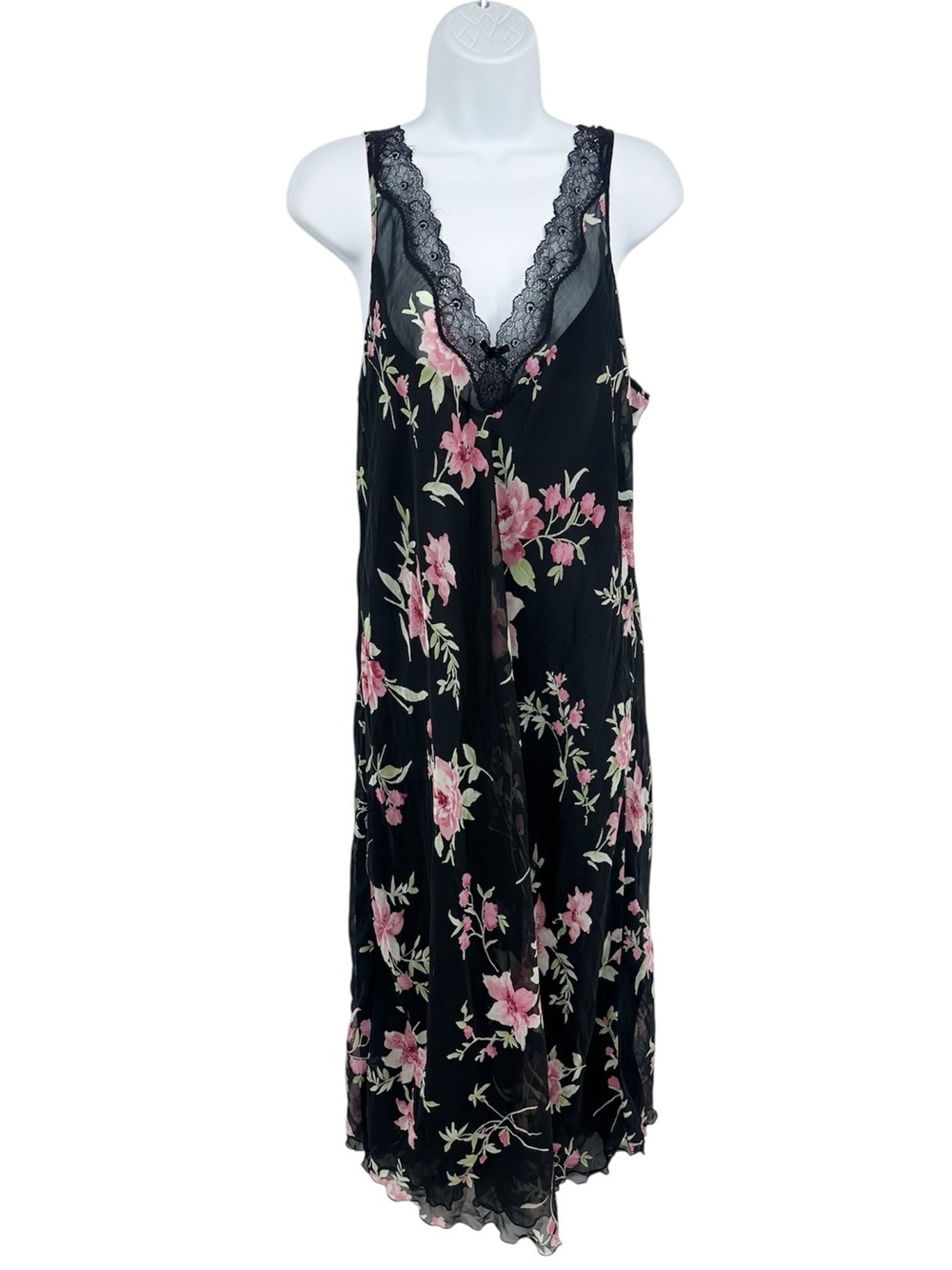 Vintage Y2K Black Floral Maxi Dress Size Large Whimsical Fairycore Grunge Lace